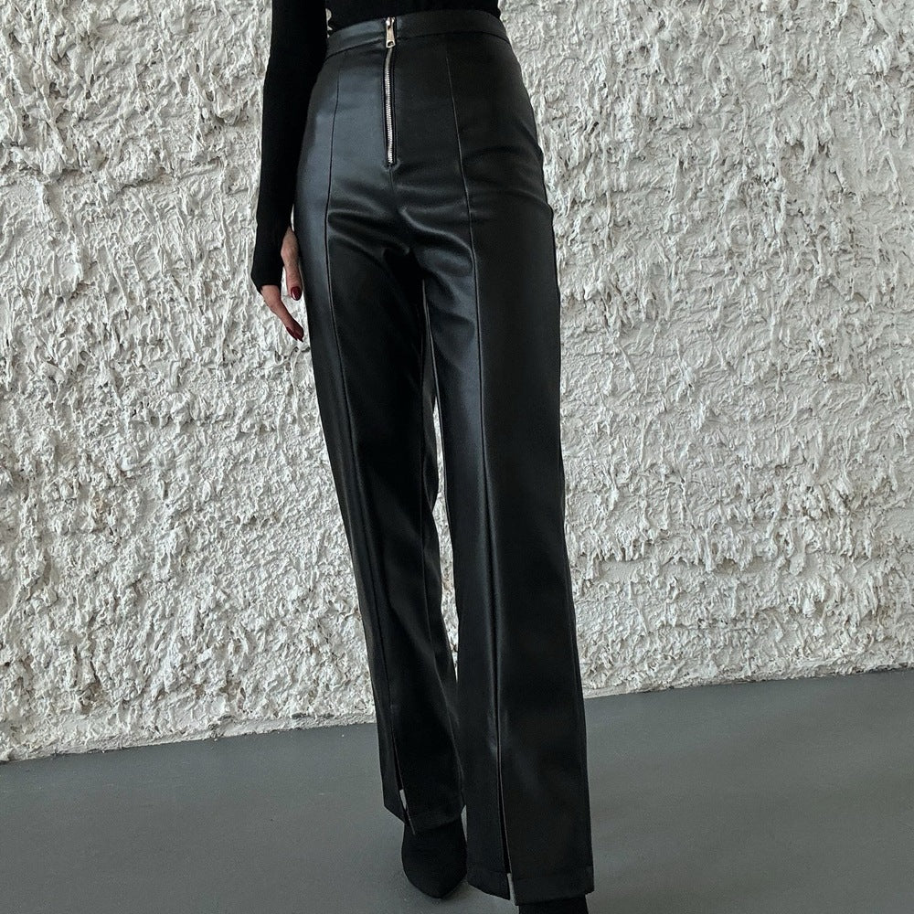 Women Solid pu Leather Patchwork Zipper Slit Wide Leg Pants 3