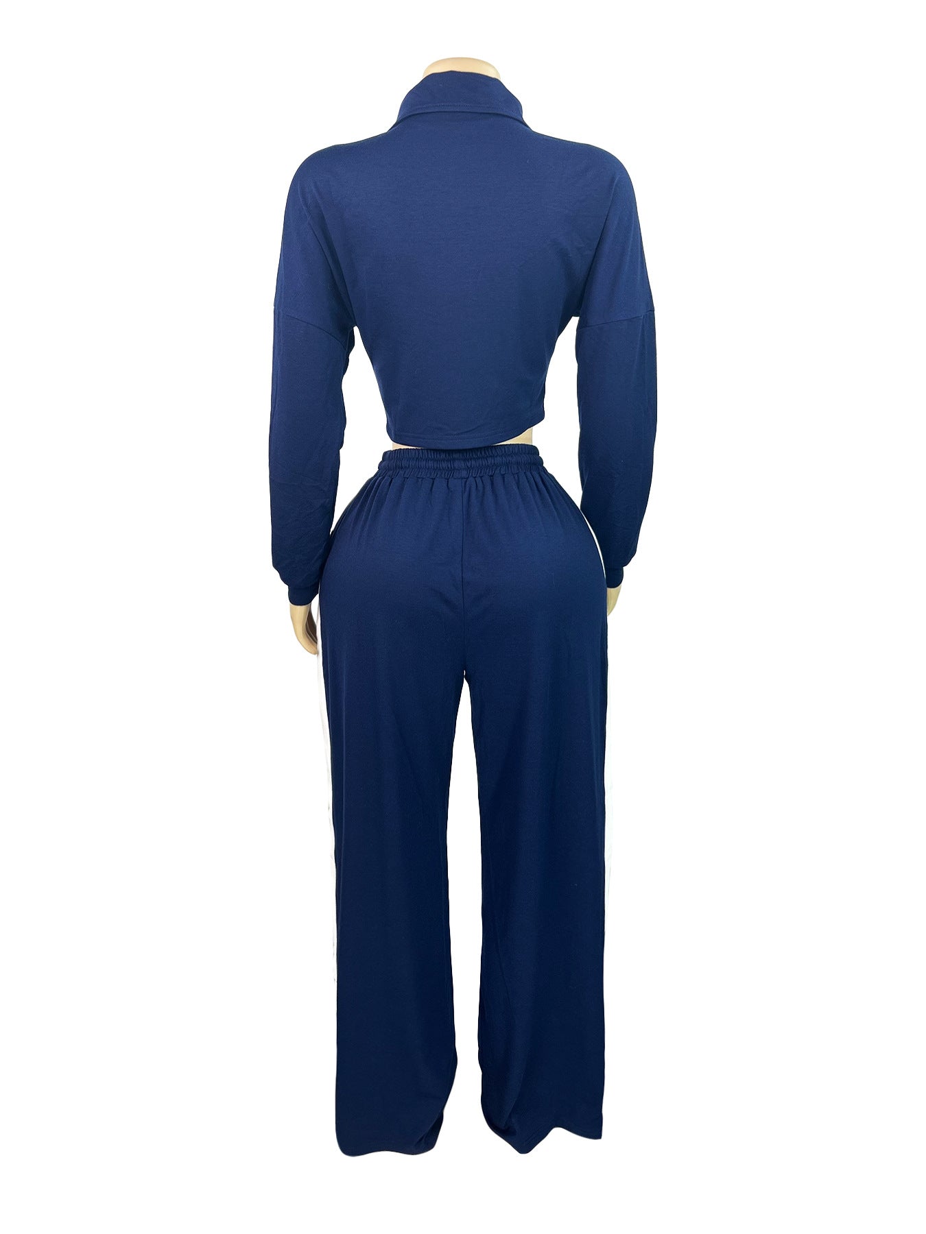 Fashion Women's Striped Patchwork Color Block Zipper Turndown Collar Top Wide Leg Pants Two-Piece Set 10