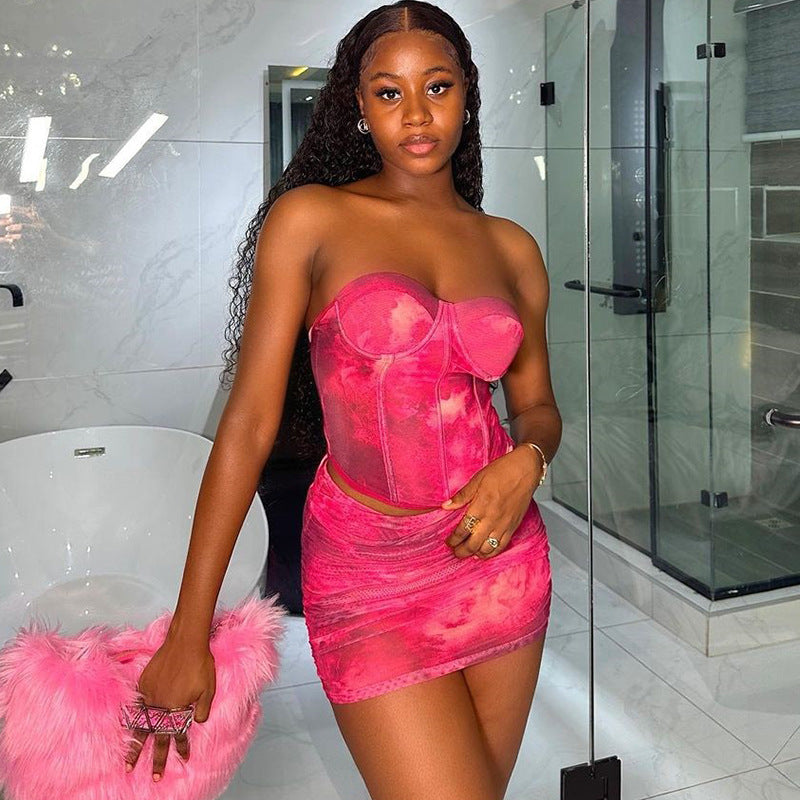 Summer Fashion Women's Sexy Printed Strapless Vest Skirt Trendy Two Piece Set 11