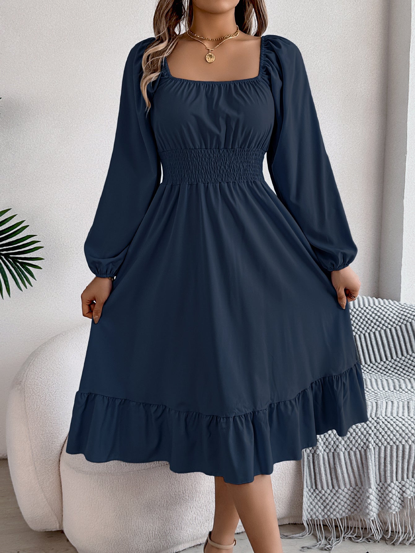 Women Spring and Summer Casual Solid Square Neck Long Sleeve Ruffle Dress 11
