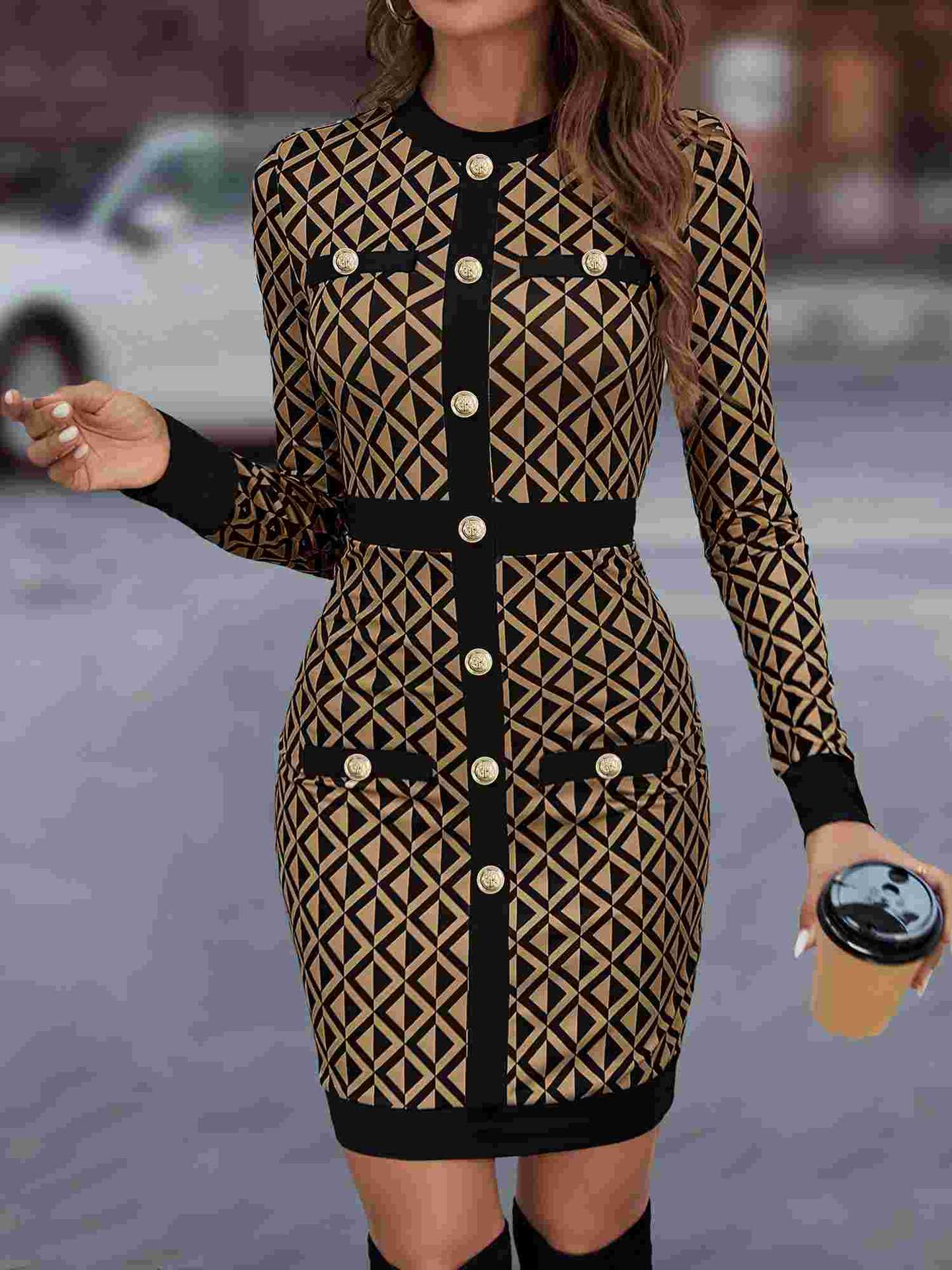 Spring Plaid Contrast Color Patchwork Fashionable Women's Bodycon Dress 3