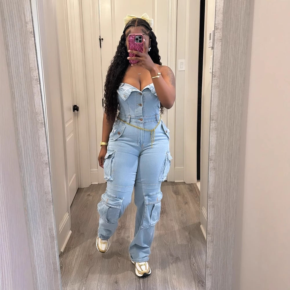 Women's Strapless with Big Pocket Washed Denim Jumpsuit 6