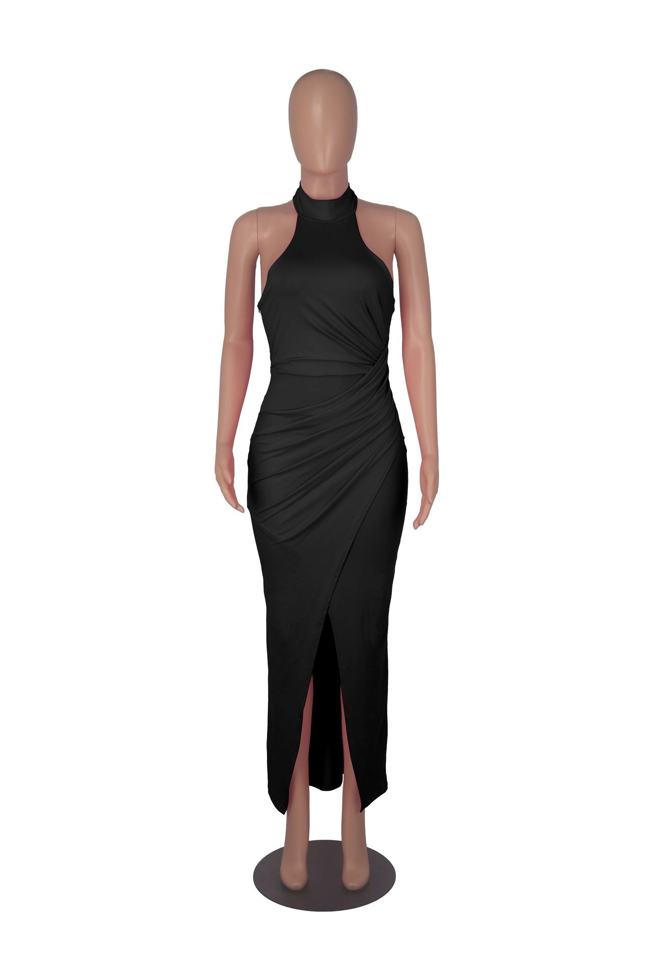 Women's Fashion Solid Color Halter Neck Maxi Pleated Dress 18