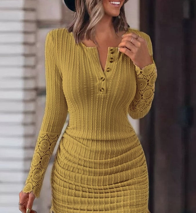 Women Round Neck Lace Long Sleeve Dress 5