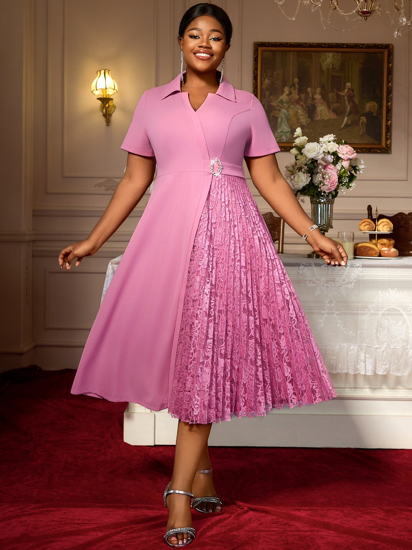 Plus-Size Women Short-Sleeved Turndown Collar Patchwork Lace Pleated Dress