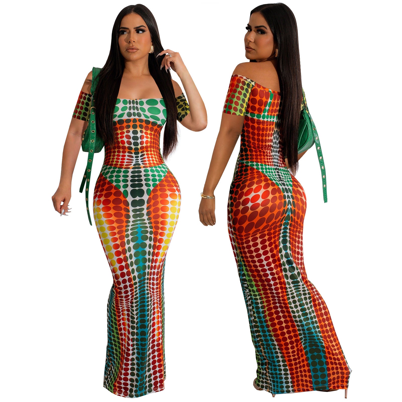 Women Print Off Shoulder Short Sleeve Maxi Dress 4