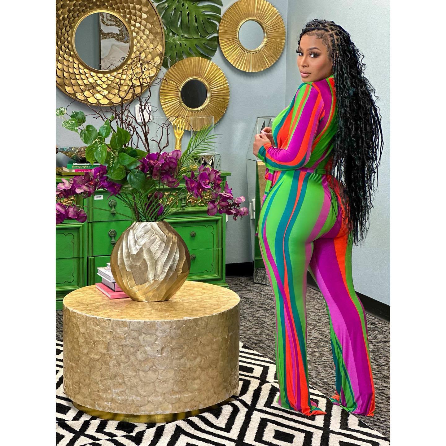 Spring and summer women's clothing Jumpsuit trendy and colorful print V-neck slim-fit long-sleeved Jumpsuit