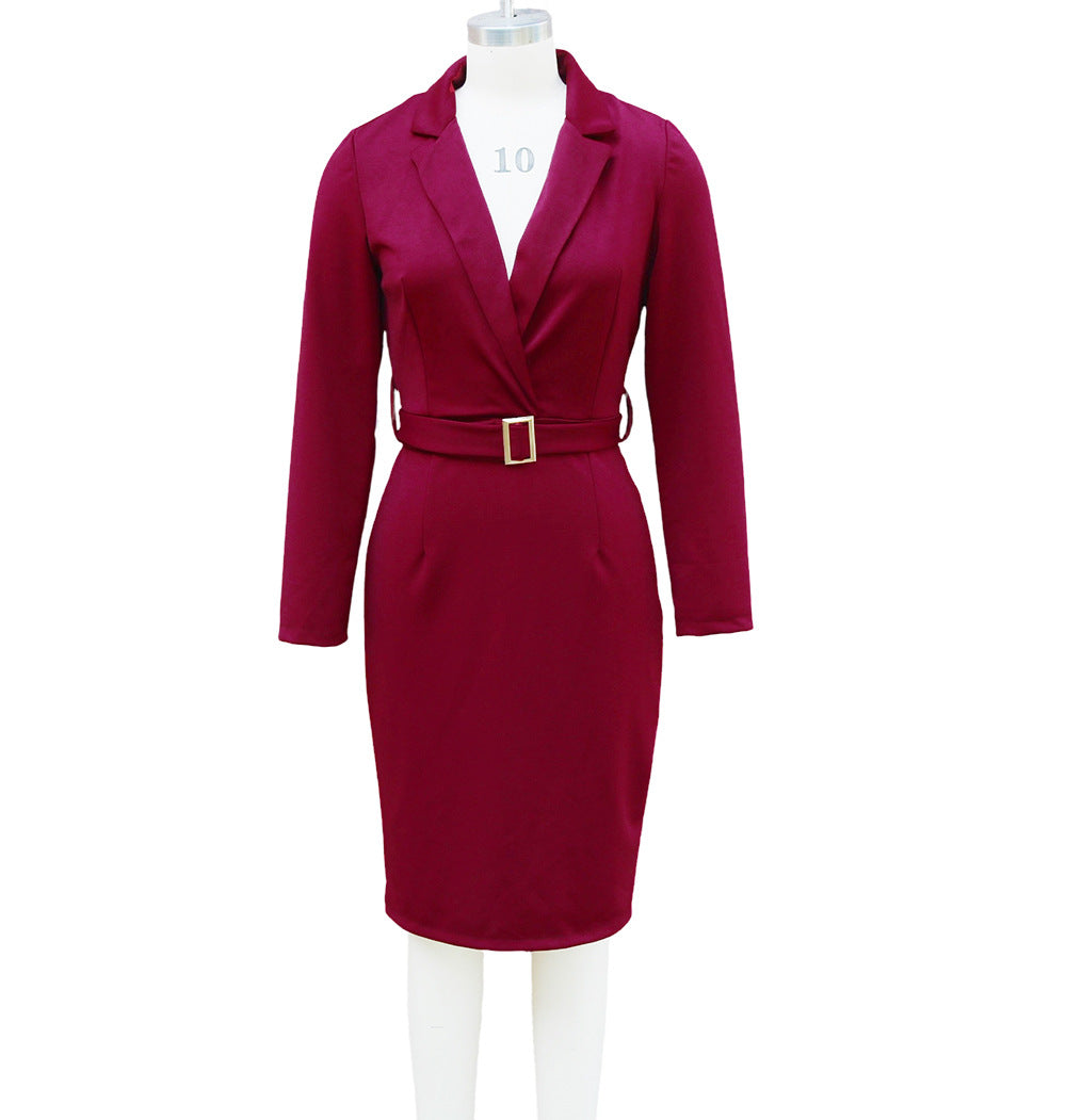 Women's Autumn Chic Turndown Collar High-Waisted Belted Office Dress 8