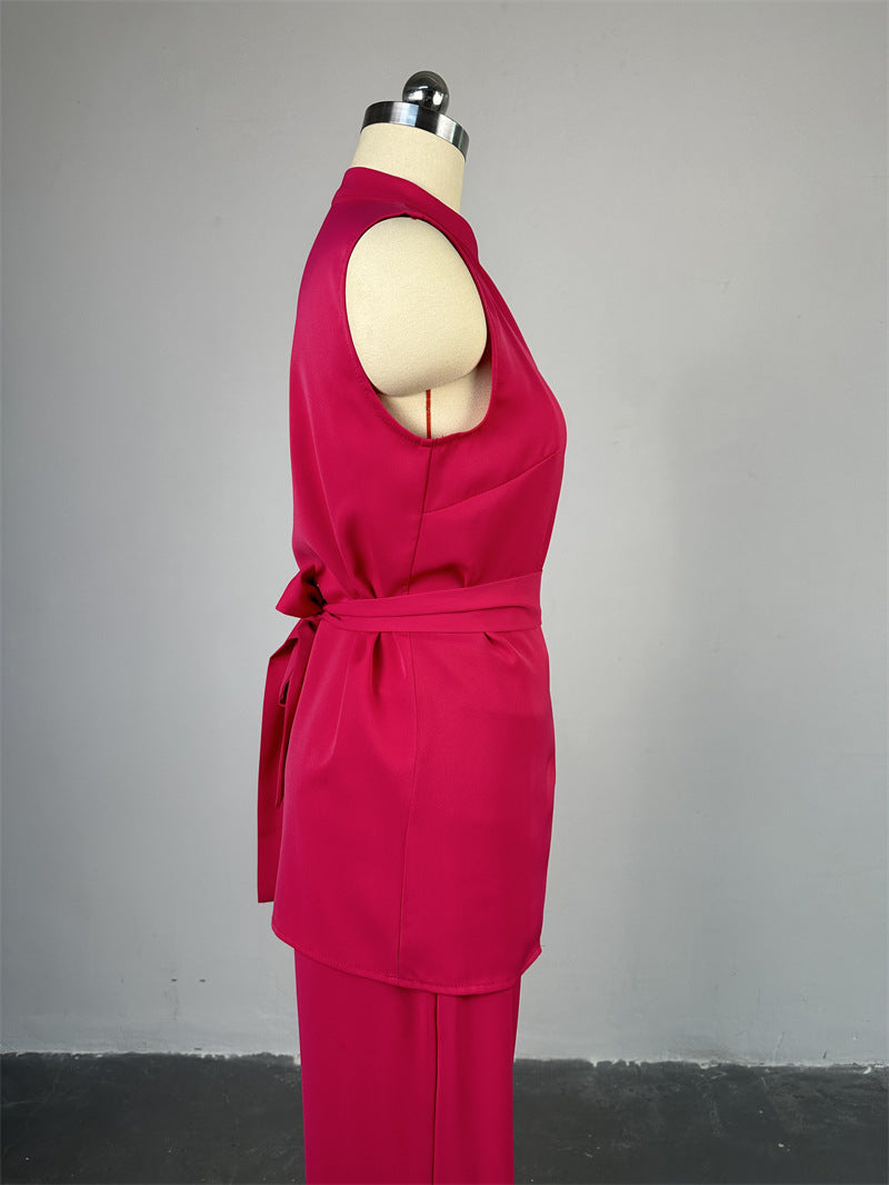 Women's Summer Stand Collar Buttoned Sleeveless Slim Waist Belt Top Wide Leg Pants Two Piece Set 15