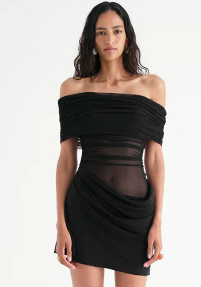 Spring/Summer Women's Sexy Off-Shoulder Mesh-Patchwork  Pleated Dress