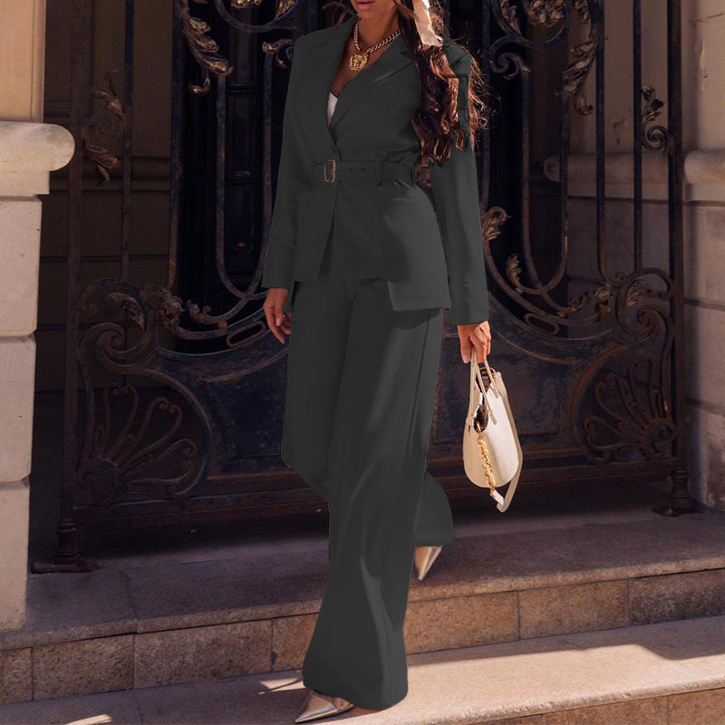 Autumn And Winter Fashion Casual Solid Color Blazer Straight Trousers Two Piece Suit For Women 3