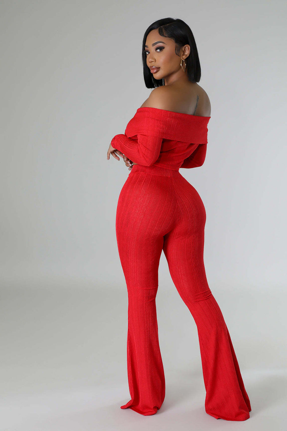 Summer Women's Clothing Solid Color Fashion Off Shoulder Long Sleeve Top Wide Leg Pants Two Piece Set 7