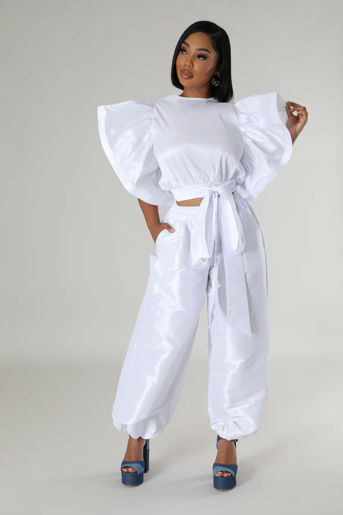 Women Ruffle Edge Sleeve Lace-Up Top and Elastic Pants Two-piece Set 15