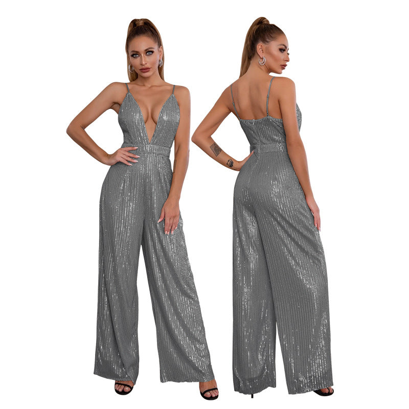Deep V Neck Low Back Sleeveless Chic Sequined Straps Elegant Women's Party Jumpsuit 12