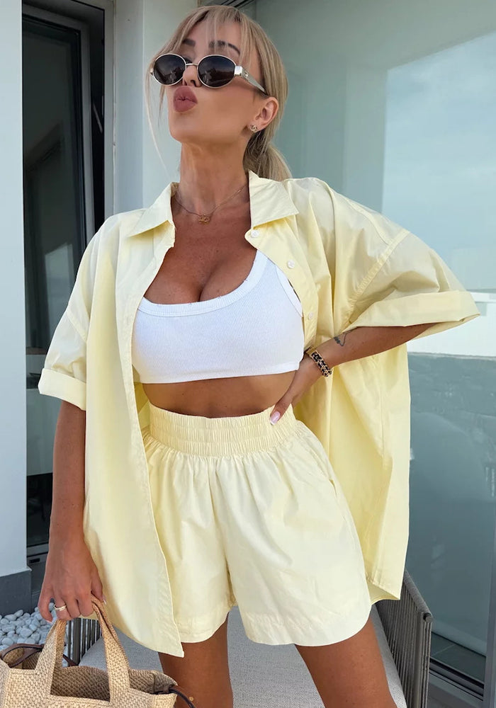 Women spring and summer Casual Solid short-sleeved shirt loose shorts two-piece set