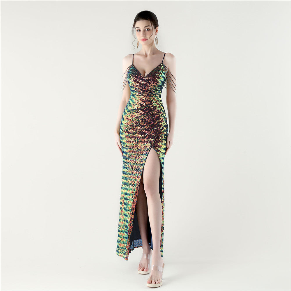 Women Evening V Neck Sequined Slit Evening Dress 8