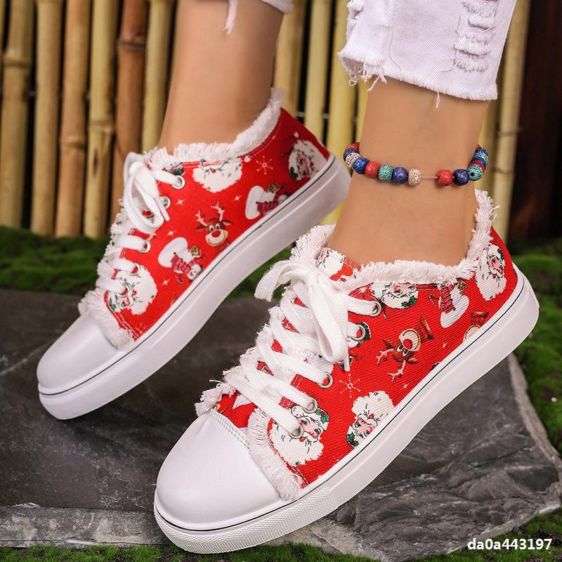 Christmas Santa Claus Pattern Print Red Casual Canvas Women's Plus Size Shoes