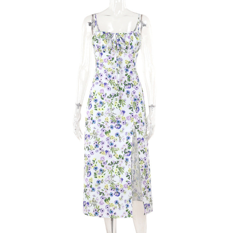 Women summer French printed slit Strap Dress 6