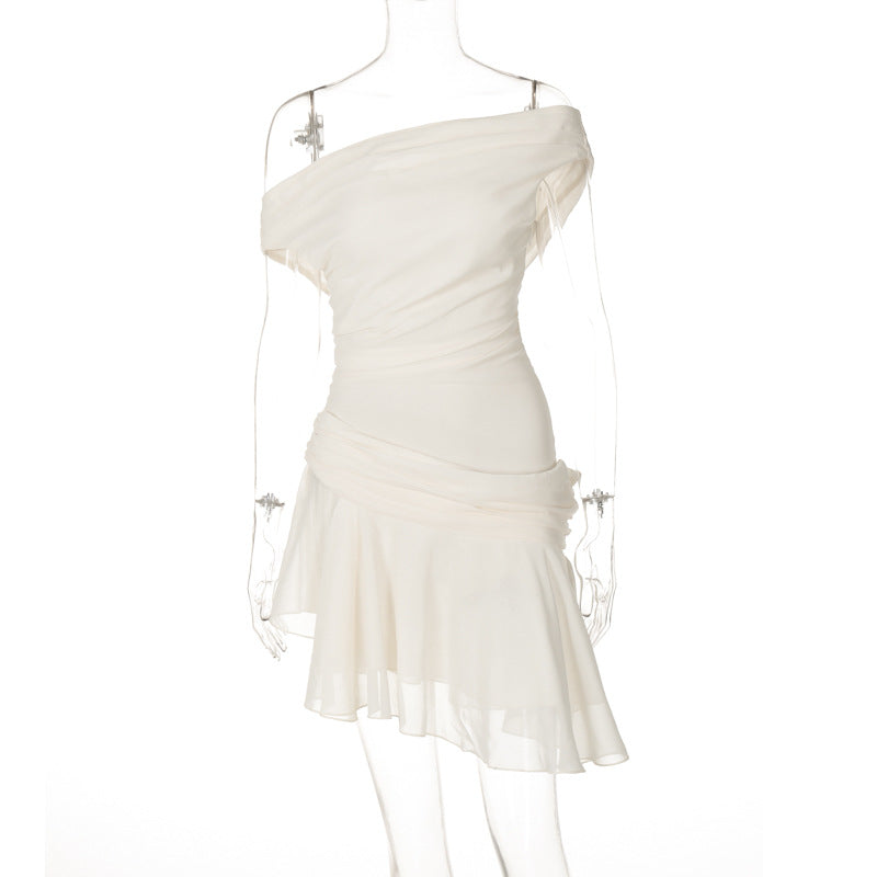 Women Summer Solid Sleeveless Off-shoulder French Irregular Dress 9