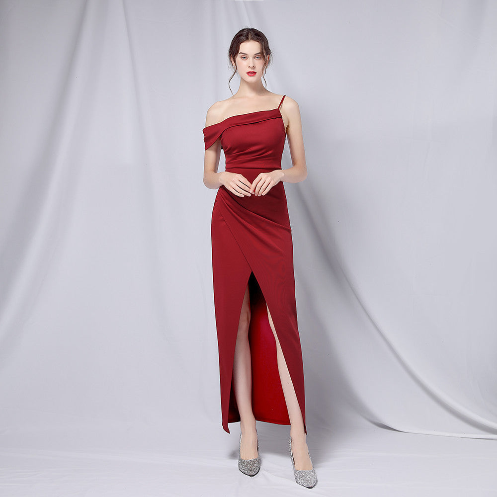 Summer Formal One-Shoulder Strap Irregular Long Evening Dress 14