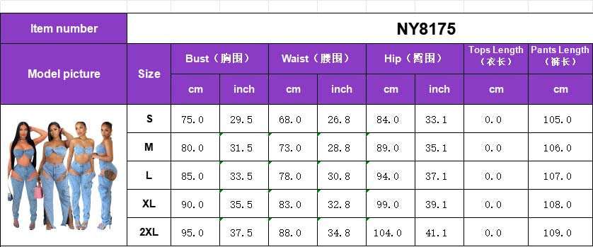 Women washed elastic denim split zipper pocket chest wrap and sexy denim pants set 10