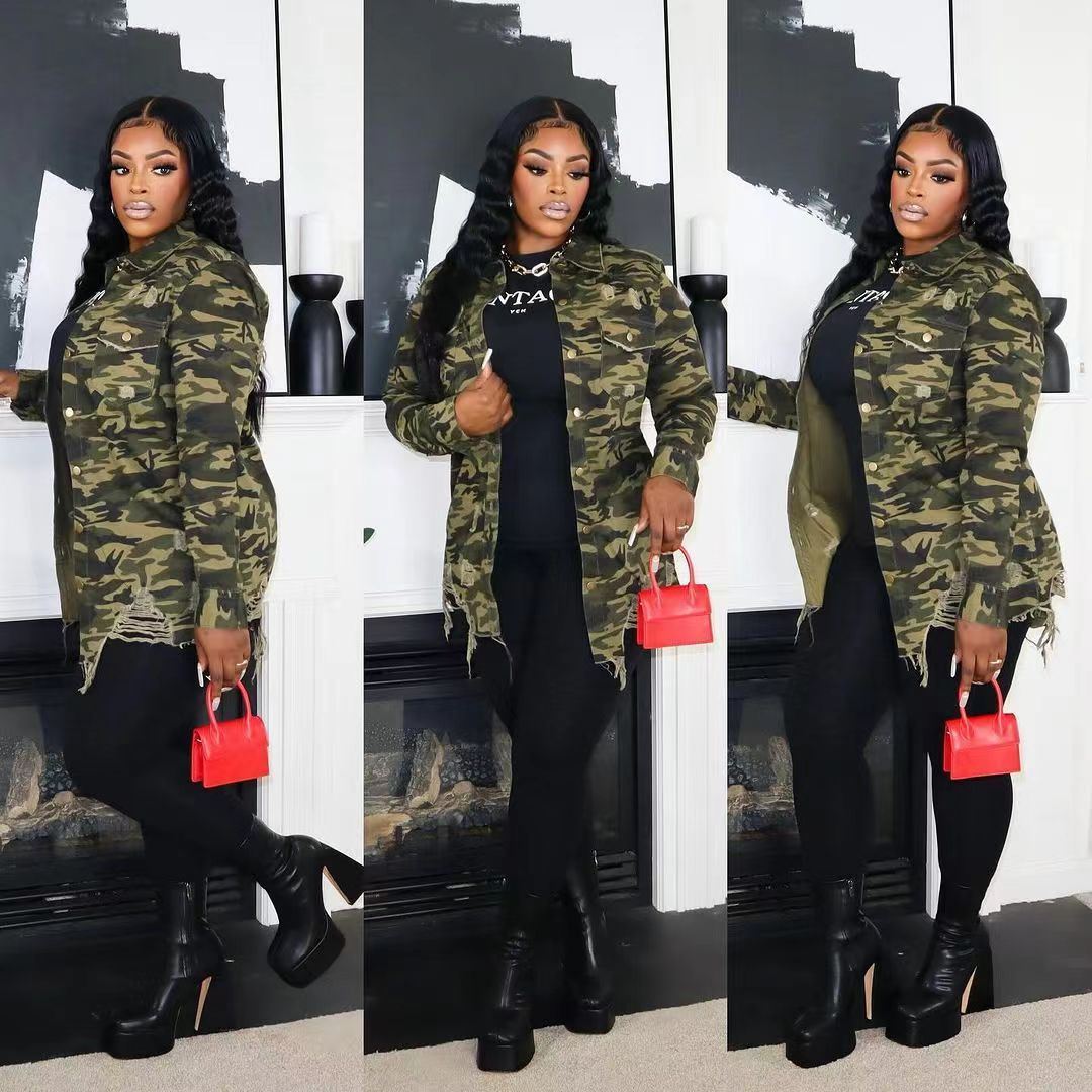 Women's Long Sleeve Camo Ripped Shirt Turndown Collar Long Sleeve Top 5