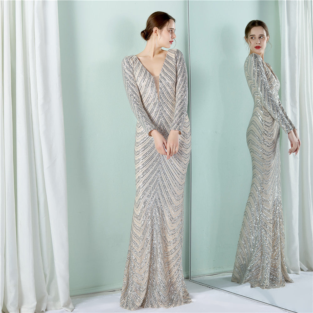 Sequin Evening Dress Women Formal Party Elegant Long-Sleeved Sequined Mermaid Evening Dress 7