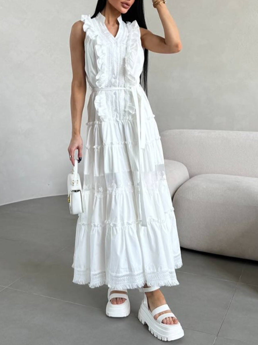 Women's Sleeveless Ruffle Chic Slim Waist Fashion Long Dress 9