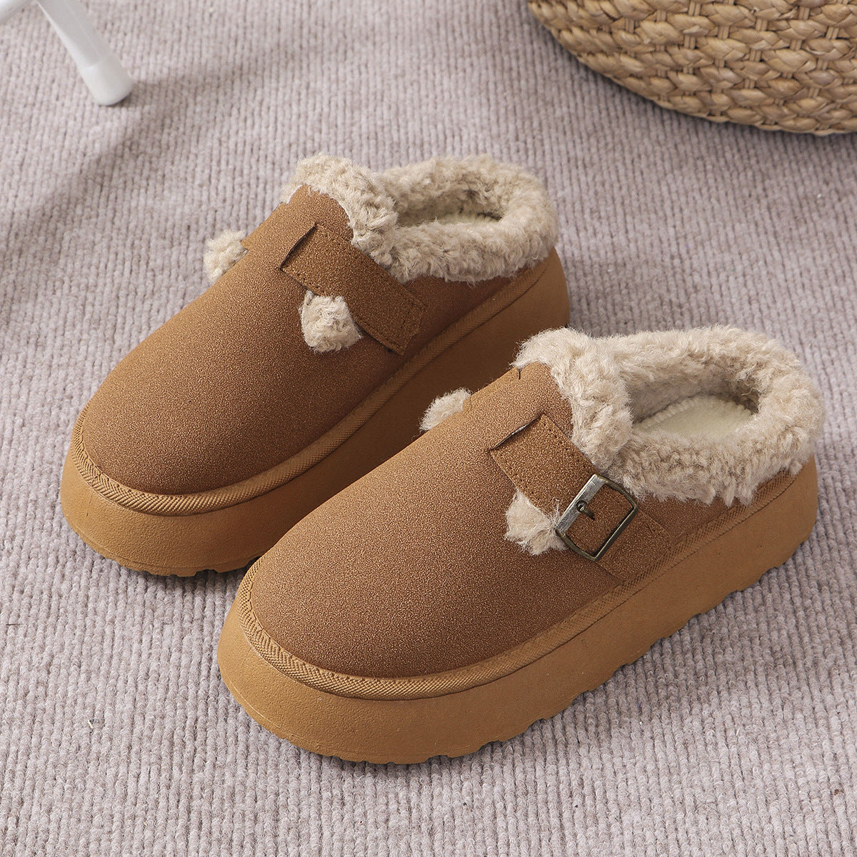 Fashionable Autumn Winter Thick-Soled Fleece Buckle Cotton Slippers Casual Plus Size Women's Shoes 9