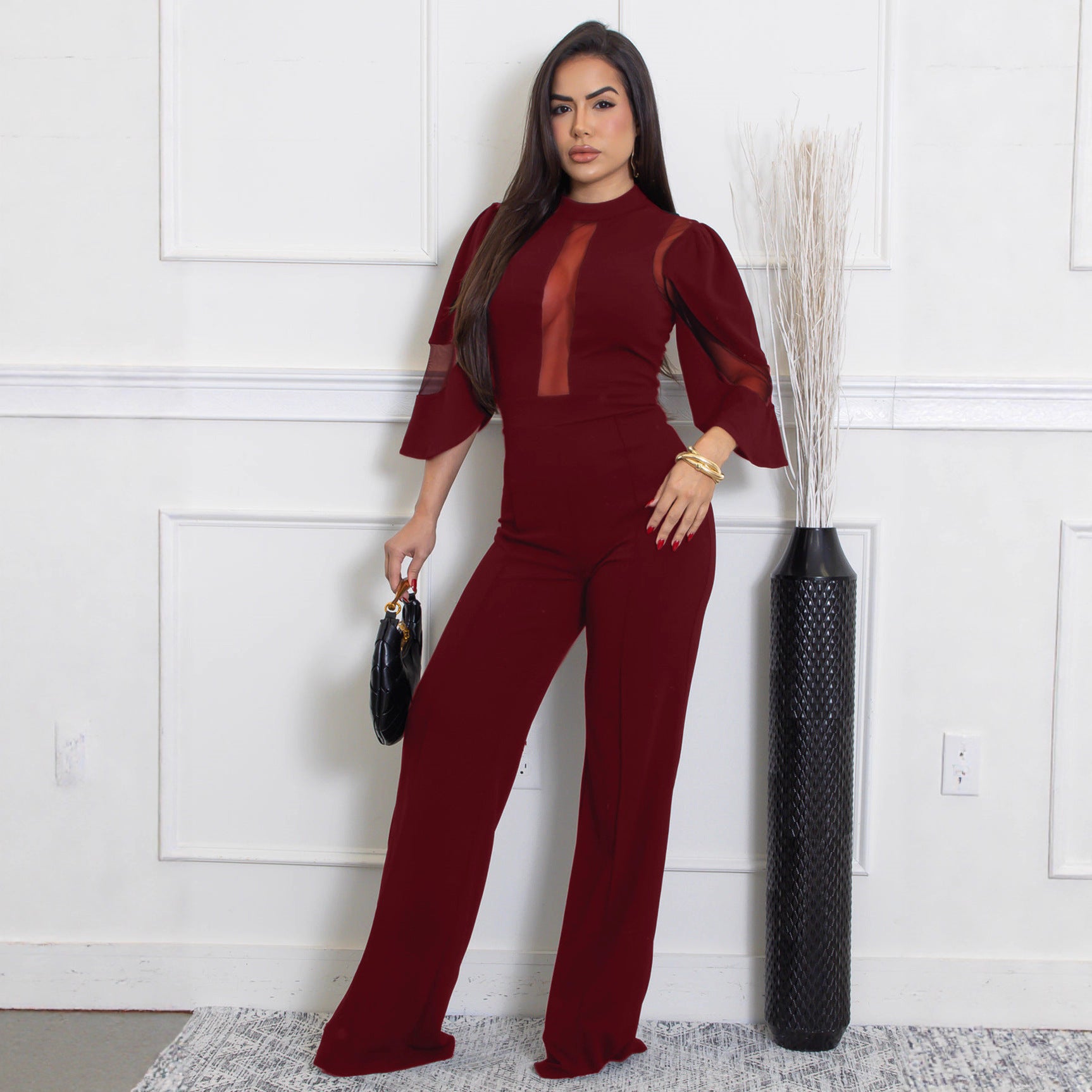 Women Elegant Mesh Patchwork Lace-Up Wide-Leg Jumpsuit 7