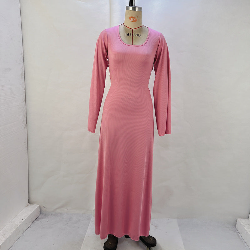 Women Autumn Loose U-neck Lace-up Long Sleeve Dress 4