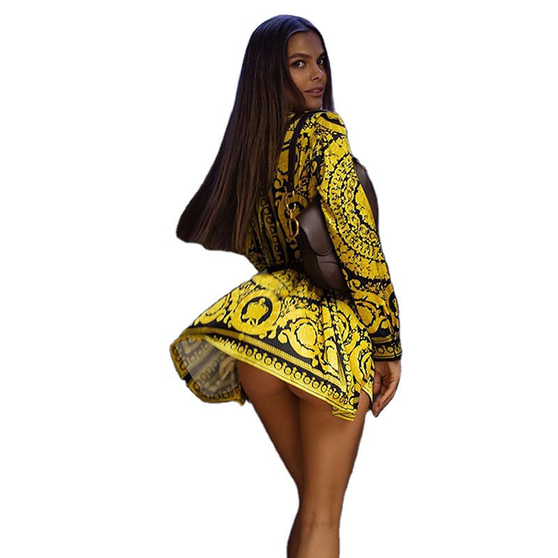 Spring Summer Bohemian Positioning Print Tie Long Sleeve Shirt Dress 4