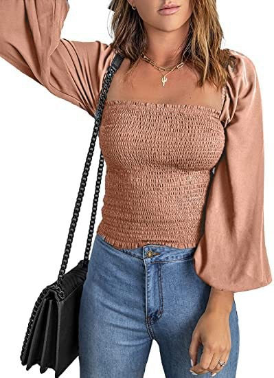 Women Solid Square Neck Long Sleeve Lantern Sleeve Pleated Top 5