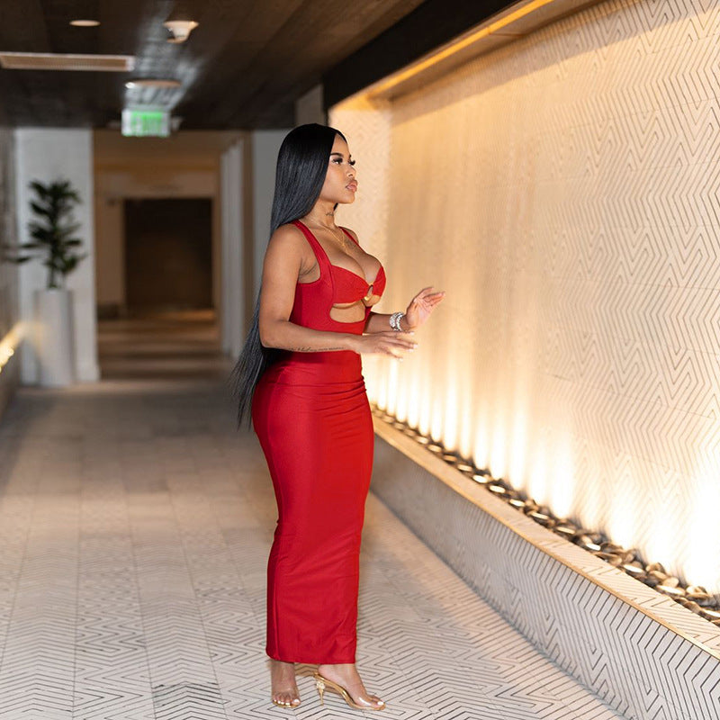 Autumn Women's Fashion Sexy Solid Color Strappy Slim Waist Low Back Bodycon Dress