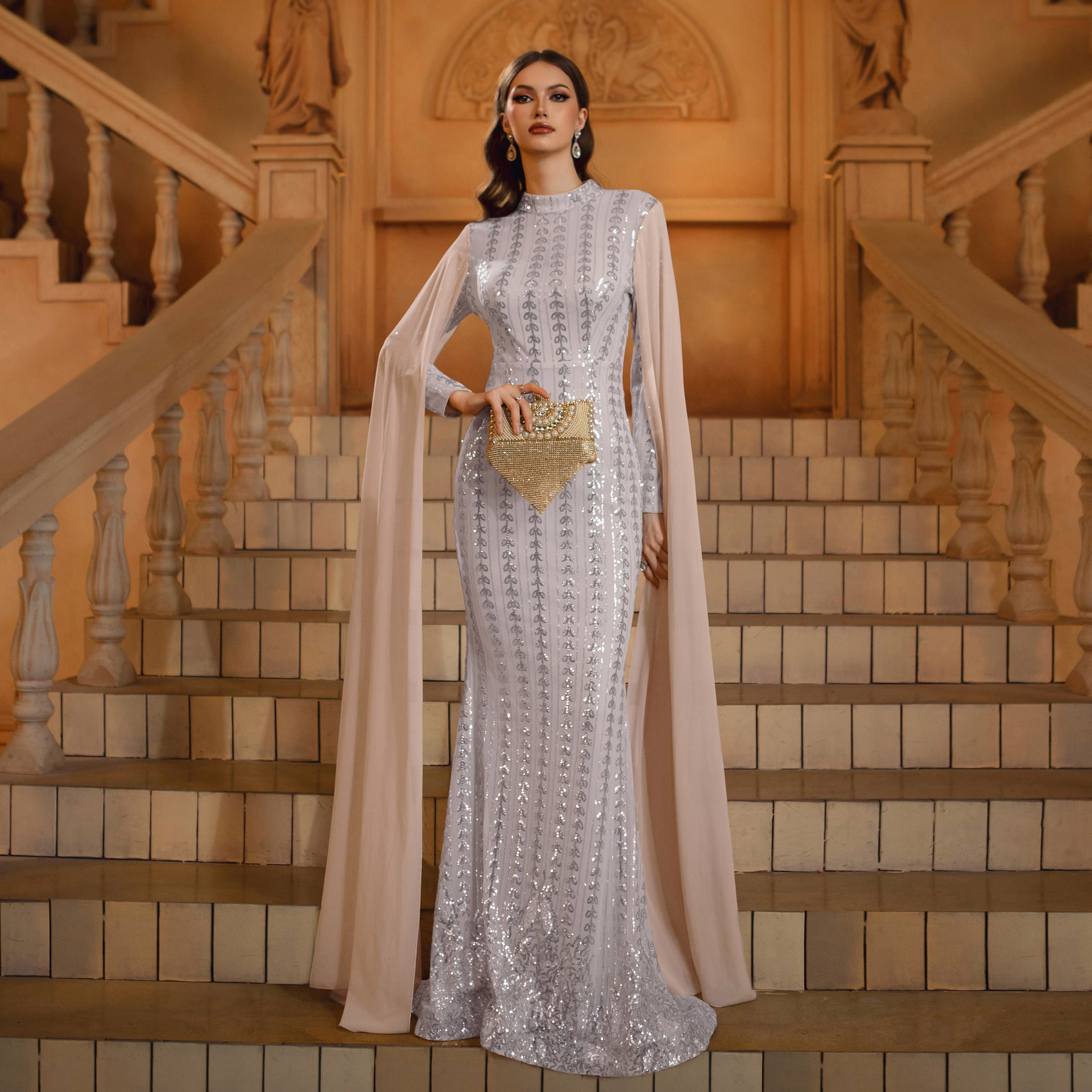 Women Long Sleeve Round Neck Bodycon Sequin Formal Party Fishtail Evening Dress 7