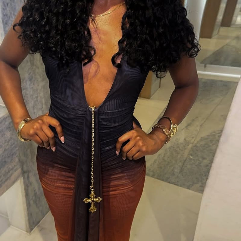 Women Contrast Color Sexy V Neck Backless Dress 4