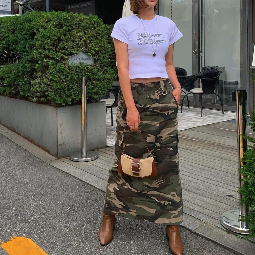 Elastic Waist Women's Spring and Summer Pocket Outdoor Fashion Style Camouflage Washed Skirt 3