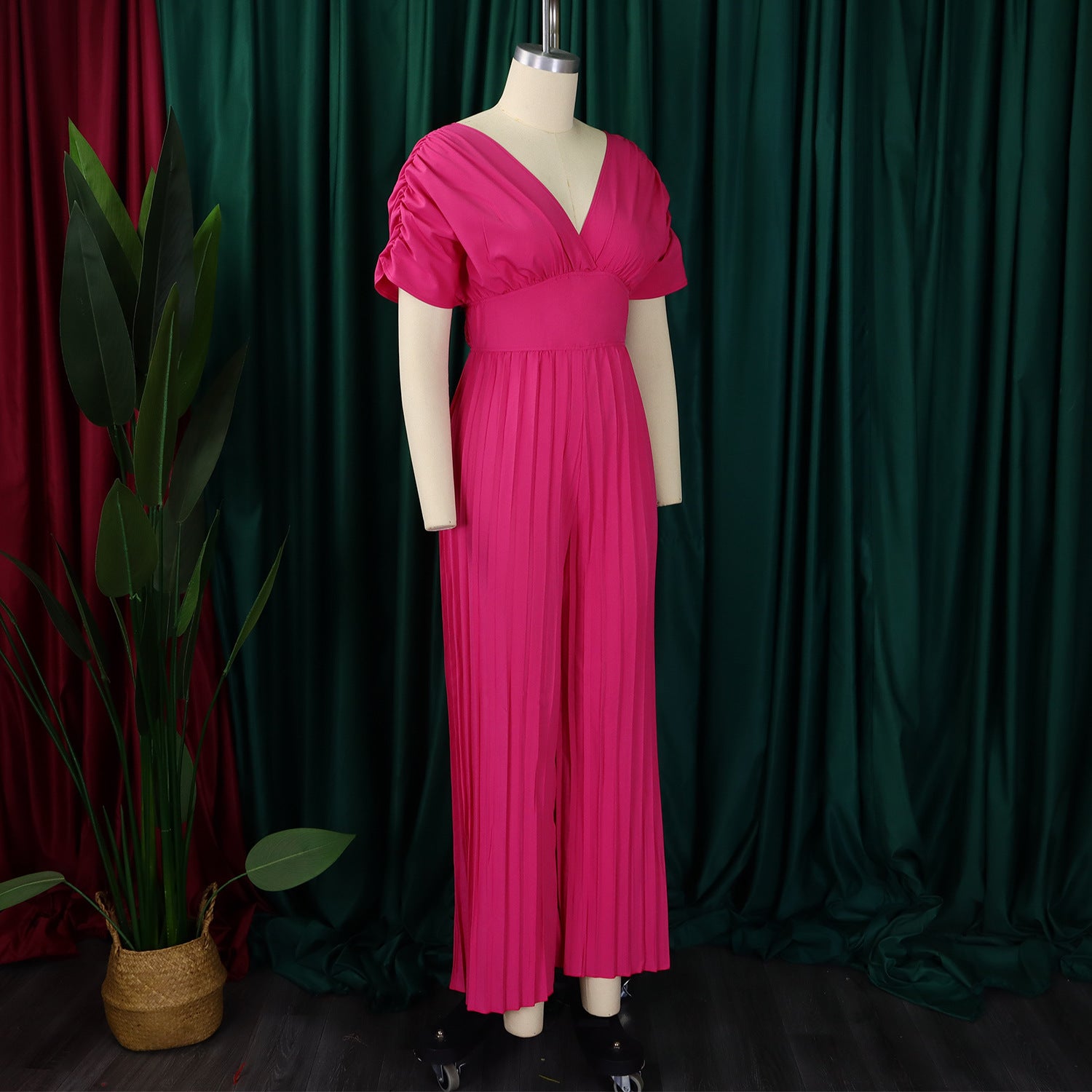 Women's V Neck Solid Color Pleated Jumpsuit 9
