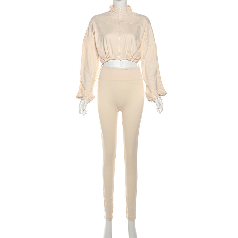 Spring And Autumn Sexy Drawstring Slim Waist Crop Top High Waist Tight Fitting Trousers Two Piece Set 26