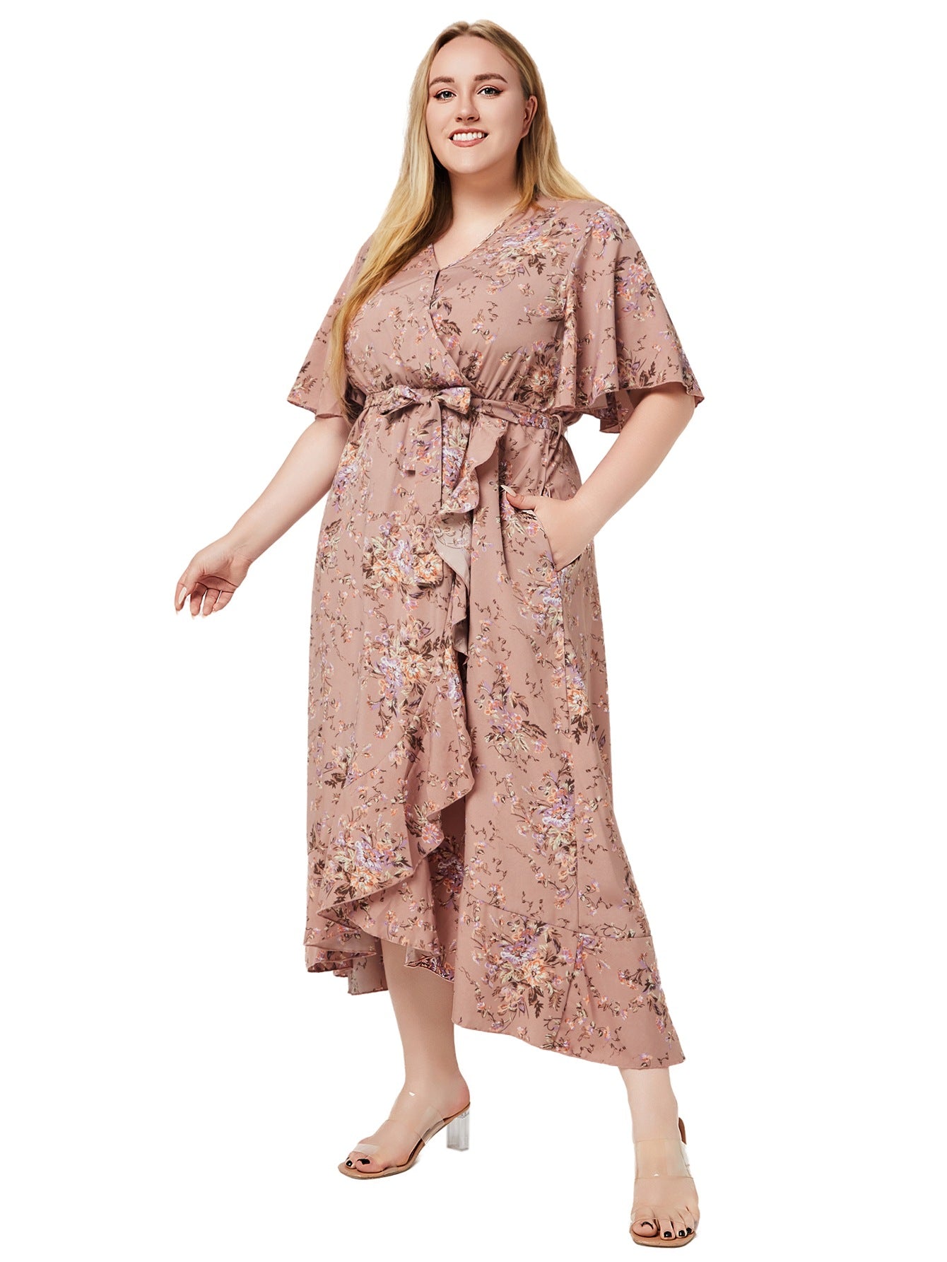 Plus Size Women Summer V Neck Short Sleeve Ruffle Print Pocket Dress 5