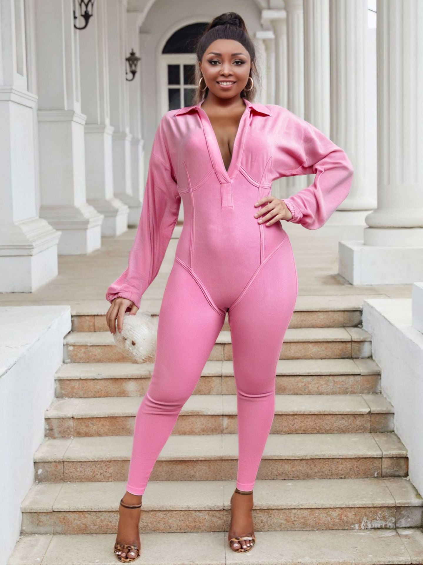 Plus Size Fashion Women Denim Washed Sexy Deep V Tight Fitting Long Sleeve Jumpsuit