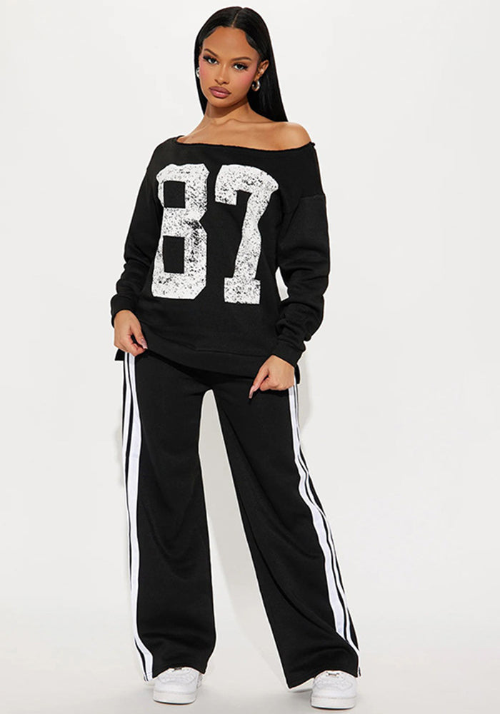 Women Fall/Winter Digital Print Off Shoulder Top and Pants Two Piece Set