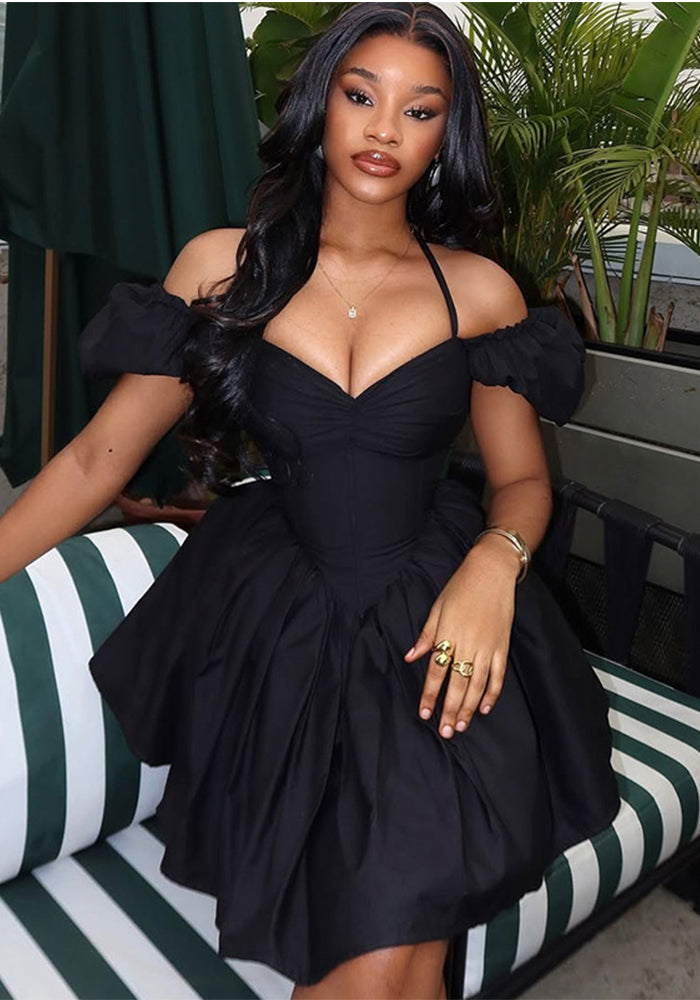 Women's Elegant Chic Solid Slim-Waist Pleated Halter Neck V-Neck Short Dress