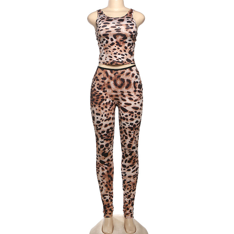 Women's Spring Leopard Print Sleeveless Vest Tight-Fitting Pants Set 7