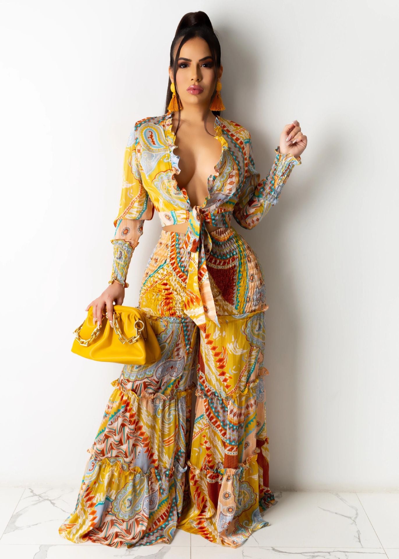 Women chiffon irregular printed long-sleeved top and wide-leg pants Casual two-piece set