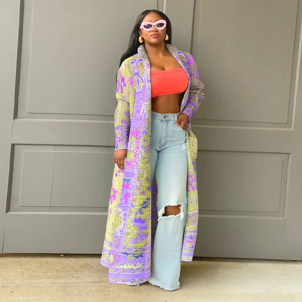 Pleated Printed Plus Size Long Jacket for Women 6