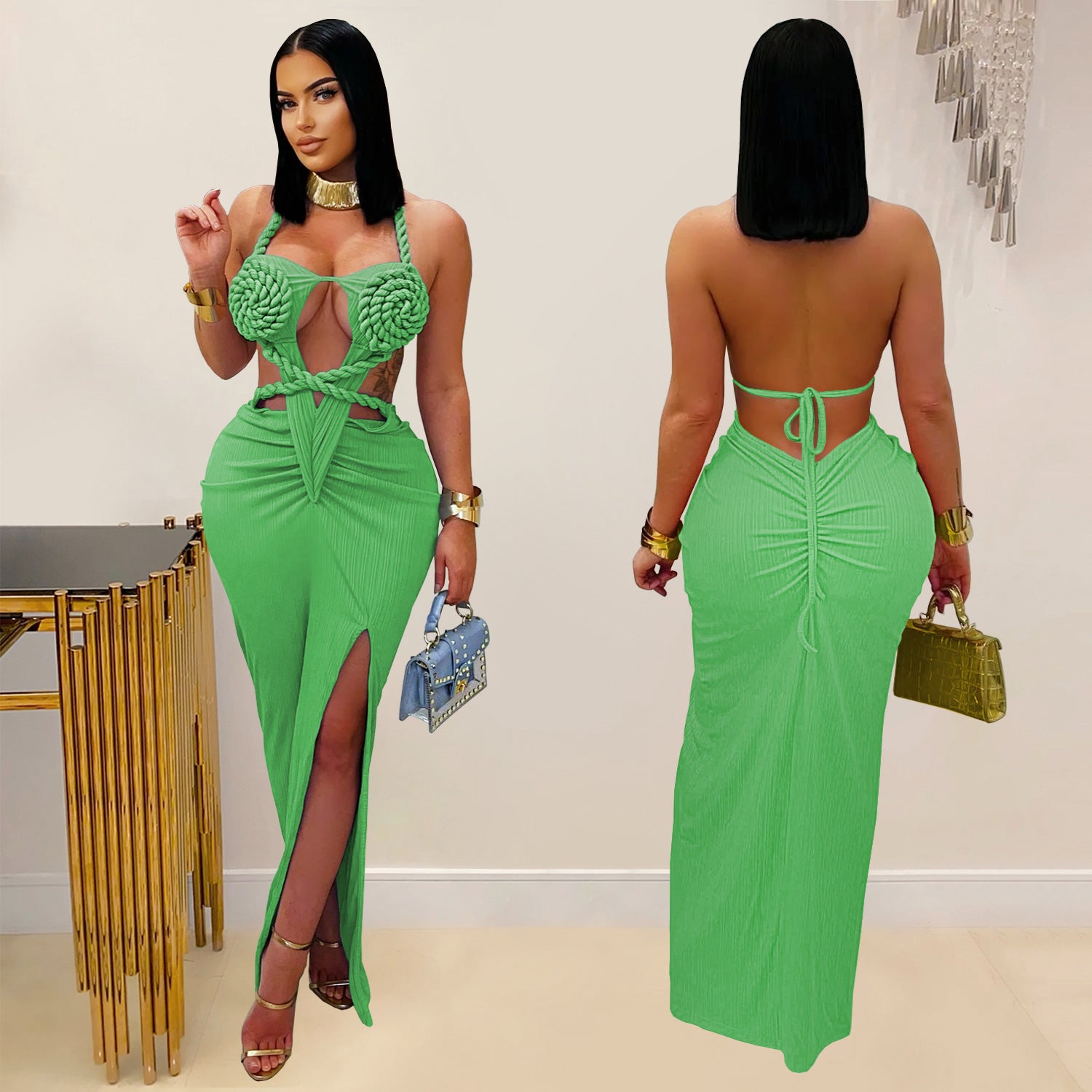 Women sexy knitting Halter Neck Backless Solid Dress 10