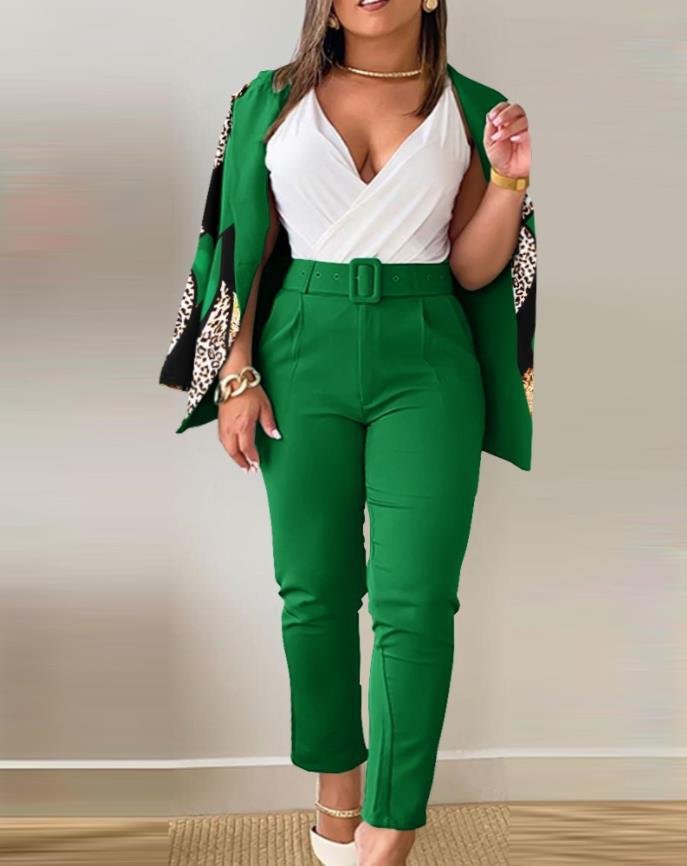 Women Printed Casual Blazer and Pant Two-Piece Set with Belt 17
