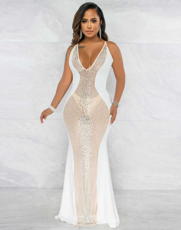 Spring Women Sexy White Rhinestone Beaded See Through Plunge V-neck Straps Mermaid Evening Dress 3