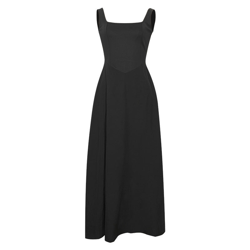 Spring Summer Square Neck Sleeveless Slim Waist Strap Dress 26
